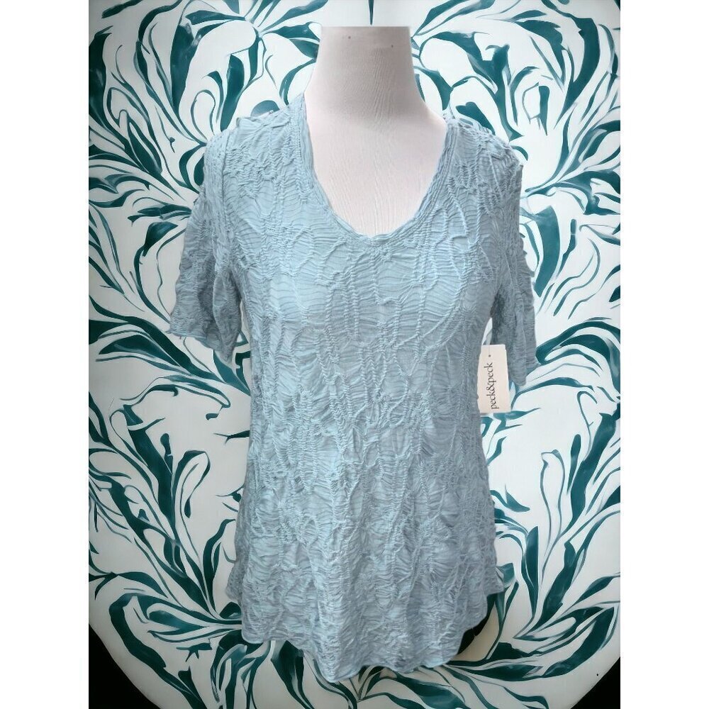Peck & Peck Petite vneck short sleeve quilted aqua blue pullover tunic NEW PM